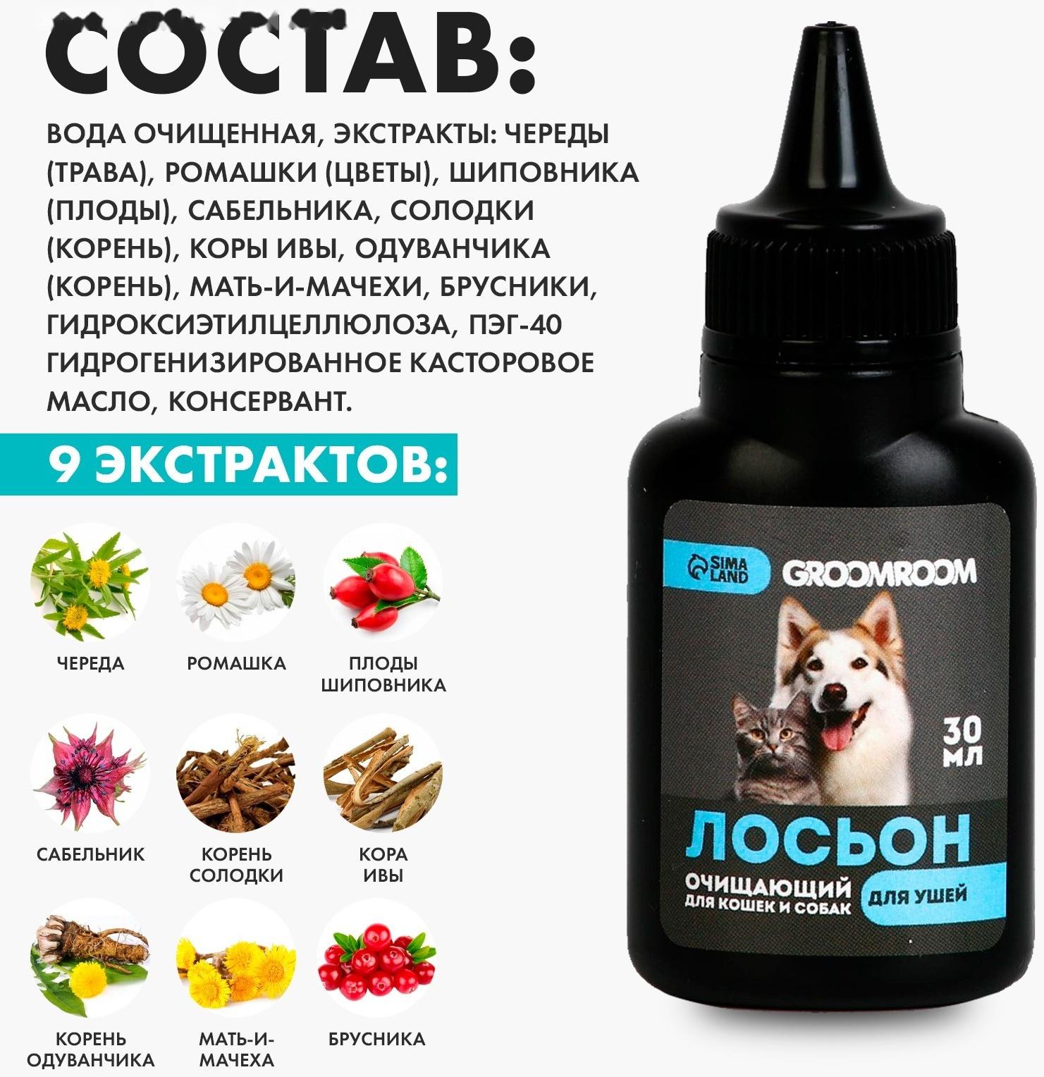 Лосьон для ушей Groomroom для кошек и собак, 30 мл