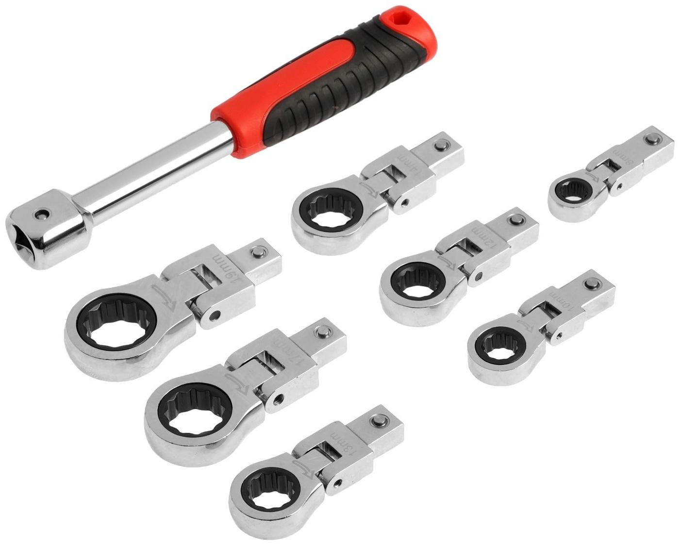 Набор трещоточных ключей ТУНДРА, CrV, сменные поворотные головки 8 - 19 мм, 72 зуба, 8 шт.