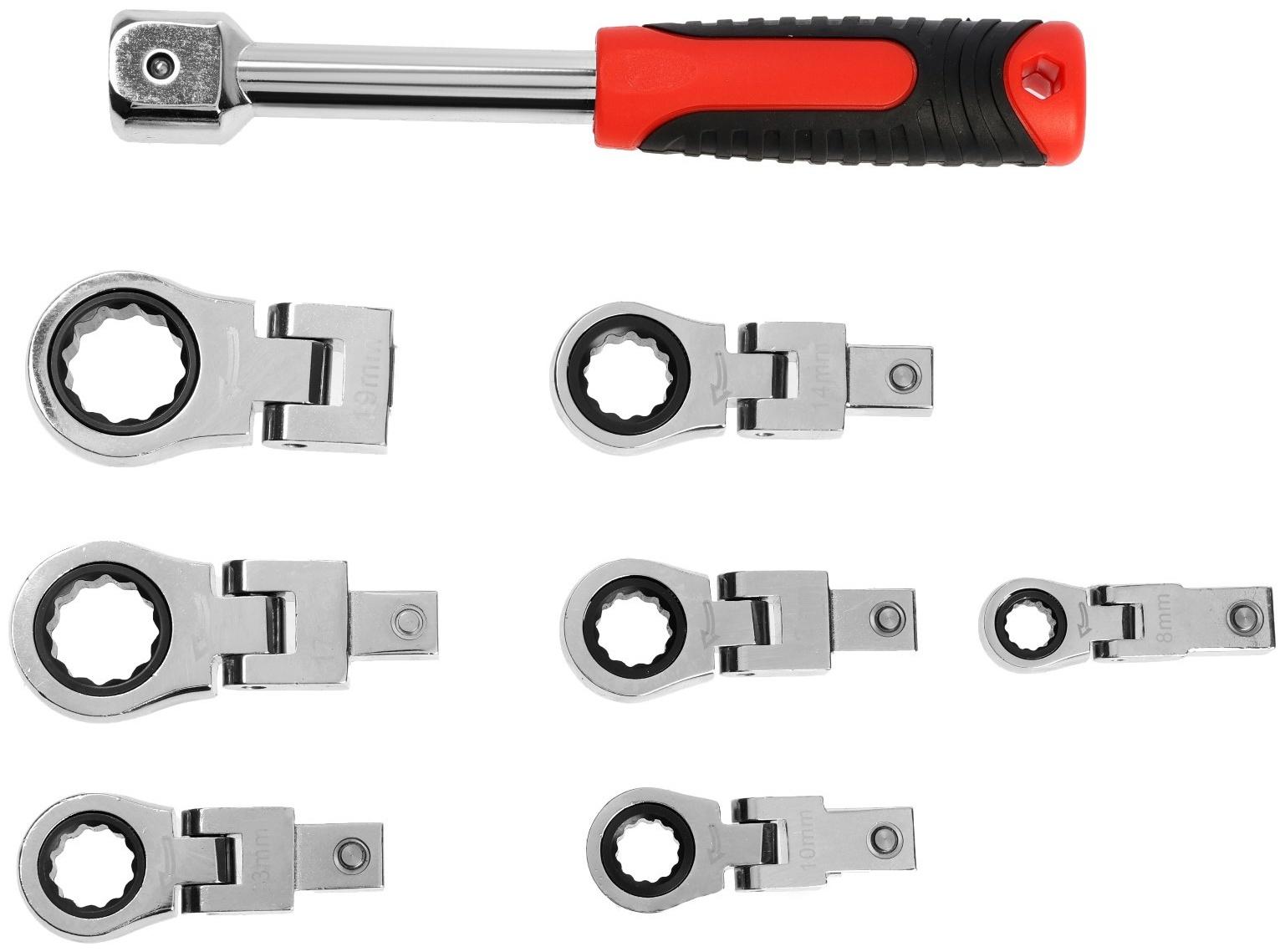 Набор трещоточных ключей ТУНДРА, CrV, сменные поворотные головки 8 - 19 мм, 72 зуба, 8 шт.