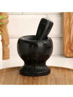 Ступка с пестиком из камня средняя, черный мрамор, в коробке