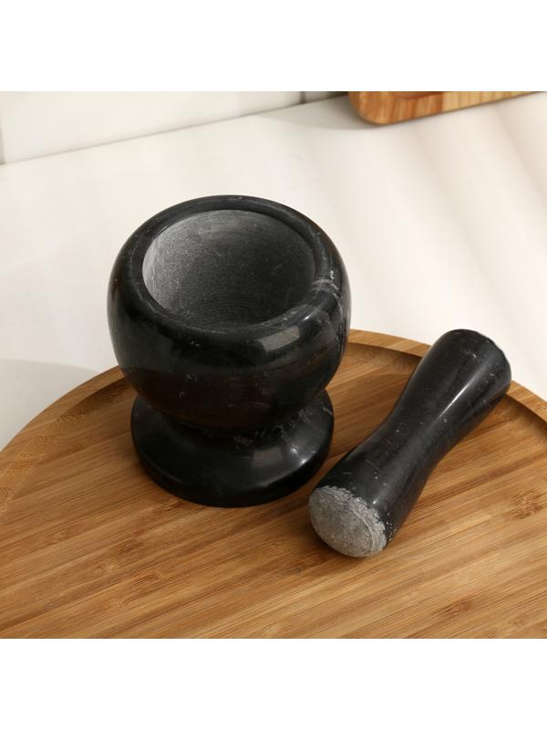 Ступка с пестиком из камня средняя, черный мрамор, в коробке