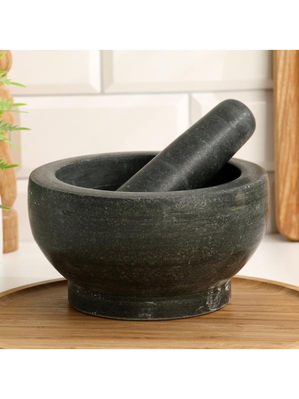Ступка с пестиком из камня большая, черная, в коробке