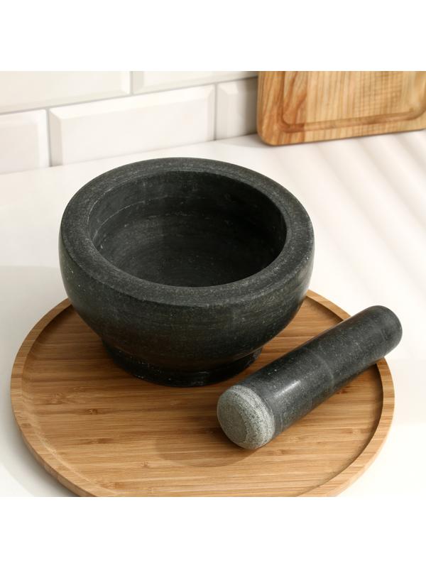 Ступка с пестиком из камня большая, черная, в коробке