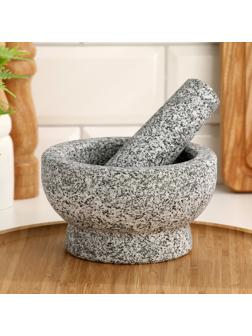 Ступка с пестиком из камня большая, серая, в коробке