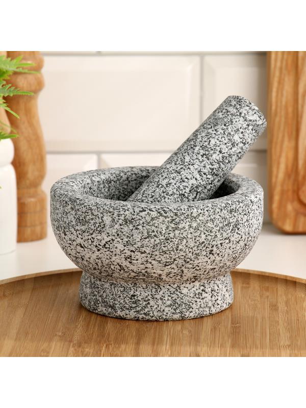 Ступка с пестиком из камня большая, серая, в коробке