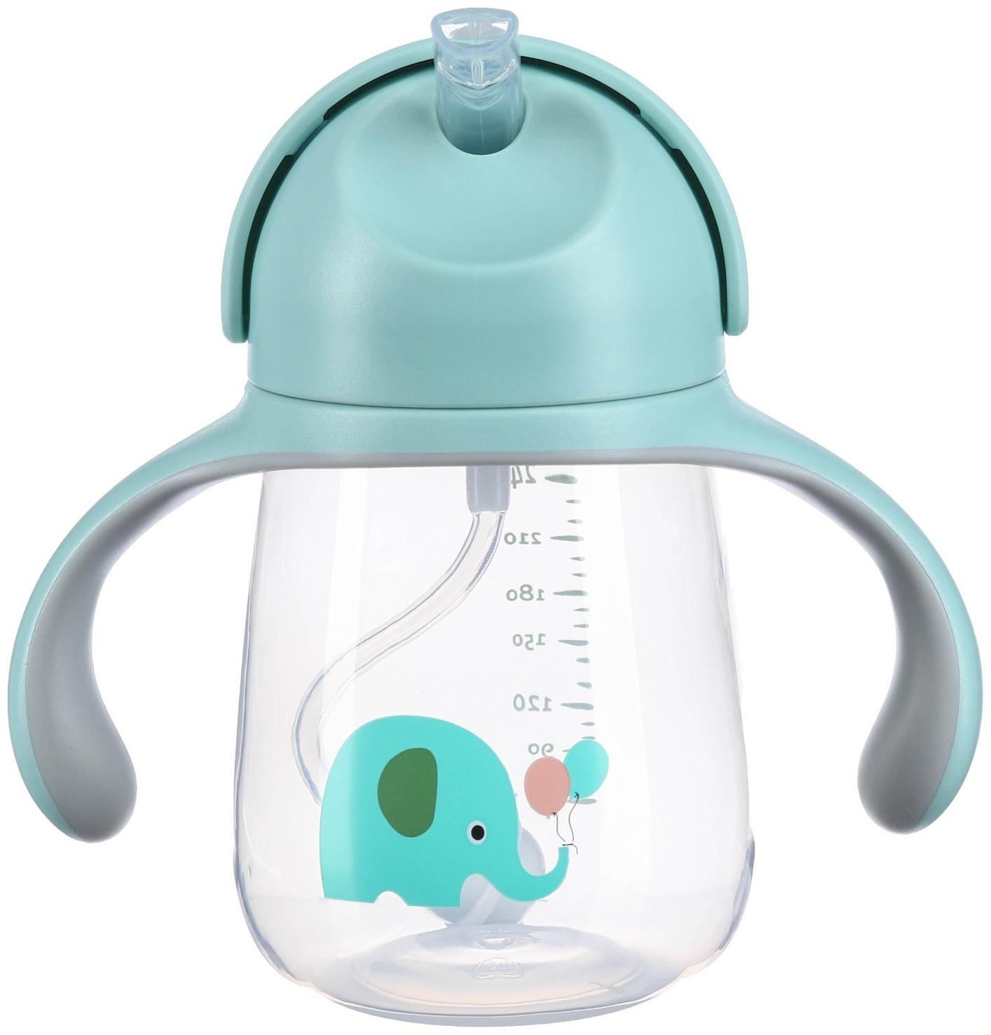 Поильник с трубочкой, Ø55мм «Слоник», 260 мл, +9 мес., серо-голубой