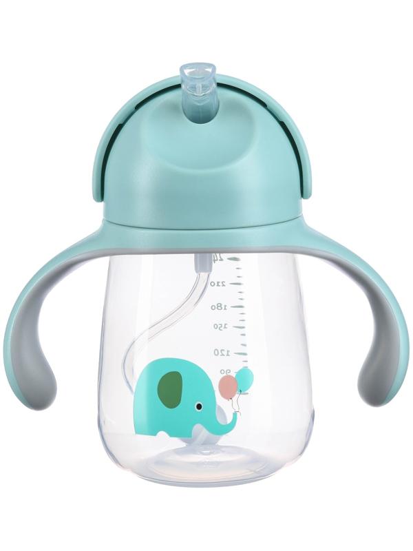 Поильник с трубочкой, Ø55мм «Слоник», 260 мл, +9 мес., серо-голубой