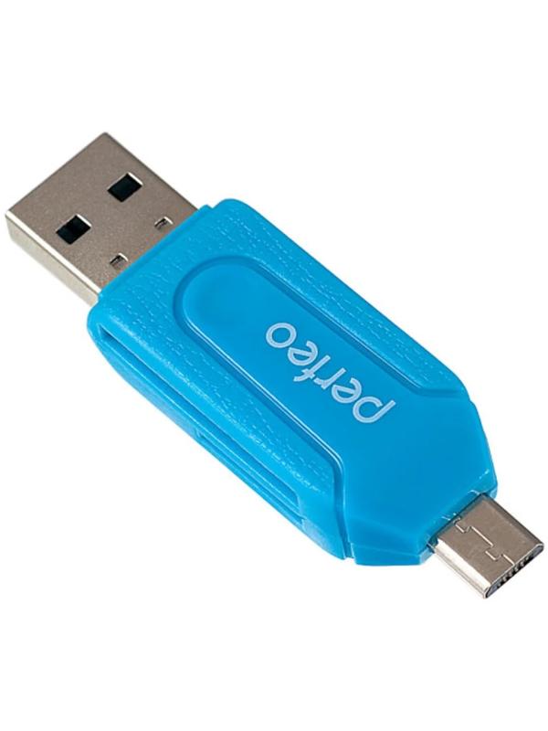 Кард-ридер OTG Perfeo PF-VI-O004, USB/Micro USB/Micro SD/MMC, синий
