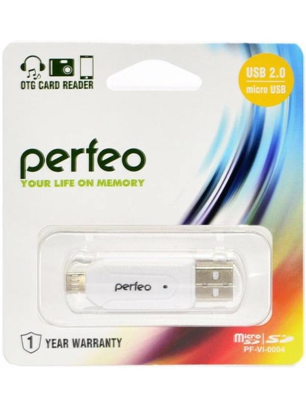 Кард-ридер OTG Perfeo PF-VI-O004, USB/Micro USB/Micro SD/MMC, белый