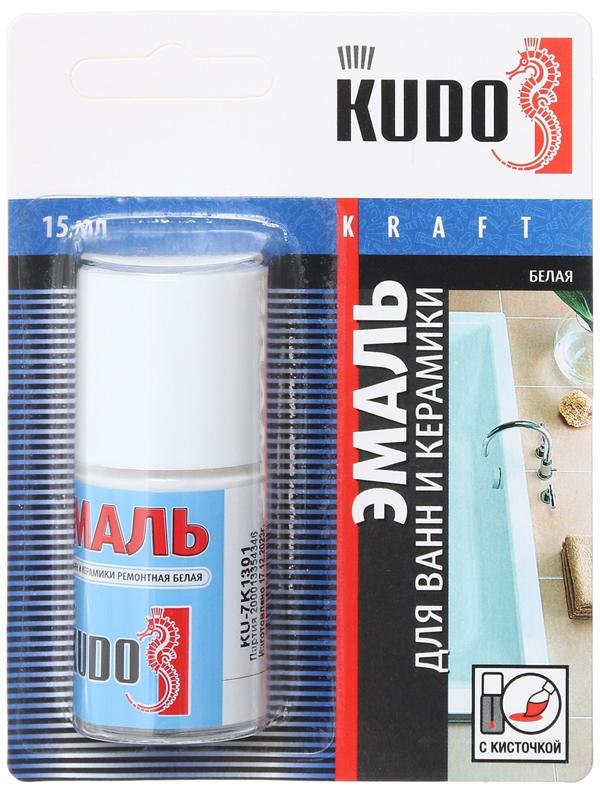 Эмаль KUDO для ванн и керамики с кисточкой, 15 мл, белая, KU-7K1301