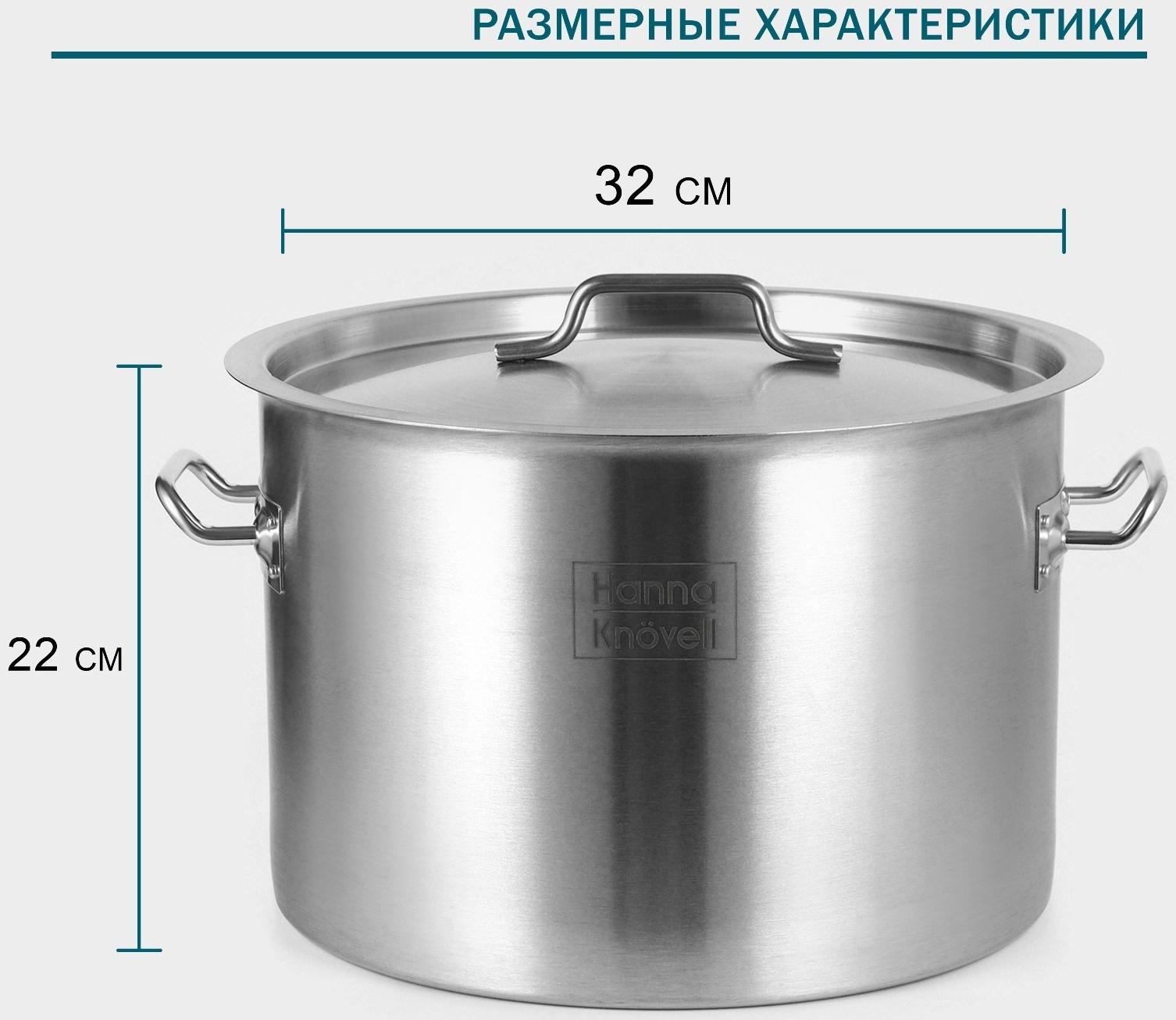 Кастрюля из нержавеющей стали Hanna Knovell с крышкой, 19 л,d=32 см, h=22 см, толщина стенки 0,8 мм, индукция
