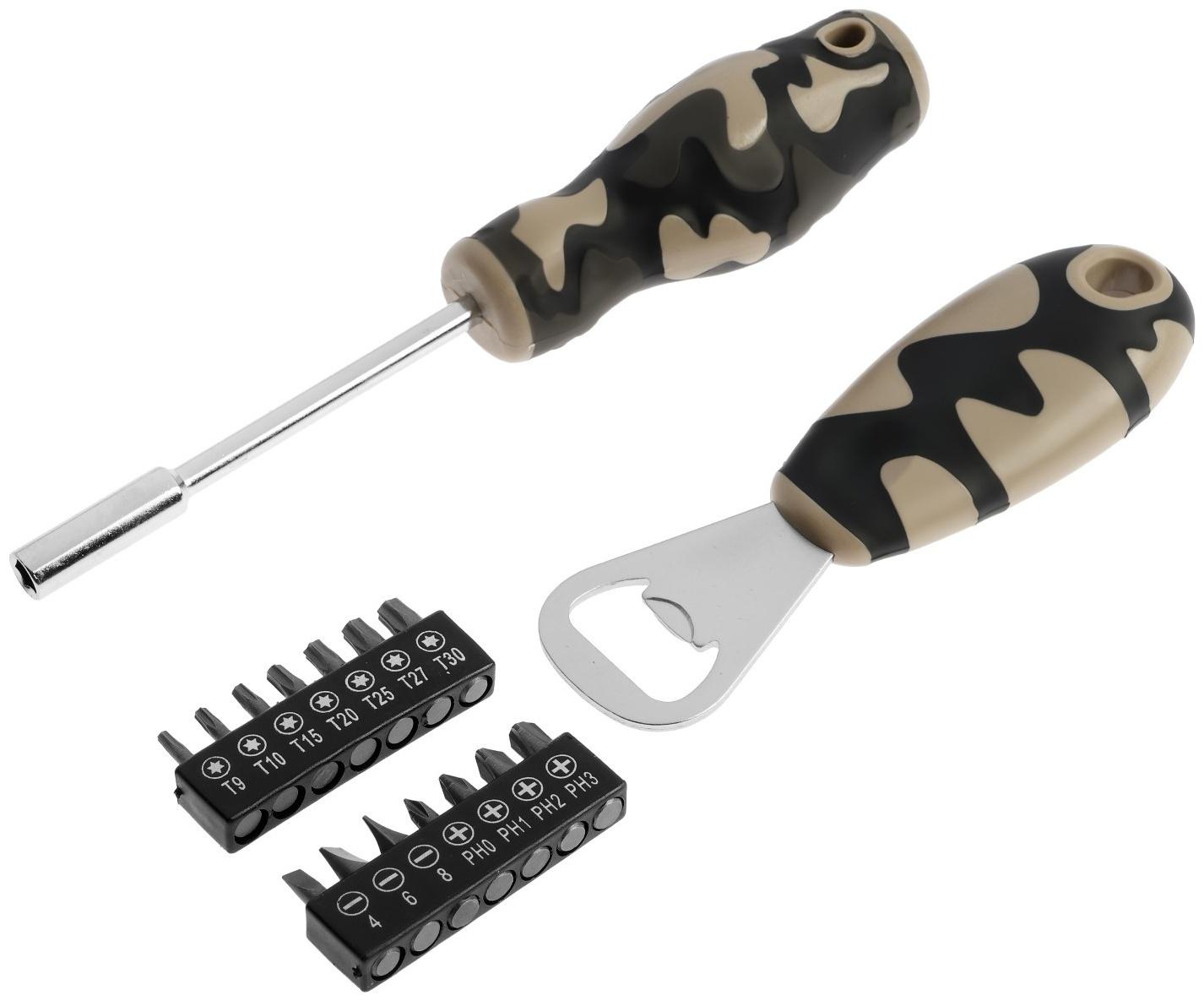 Набор инструментов в блистере ТУНДРА, открывашка, отвертка с битами, 16 предметов