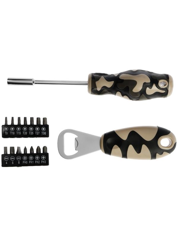 Набор инструментов в блистере ТУНДРА, открывашка, отвертка с битами, 16 предметов