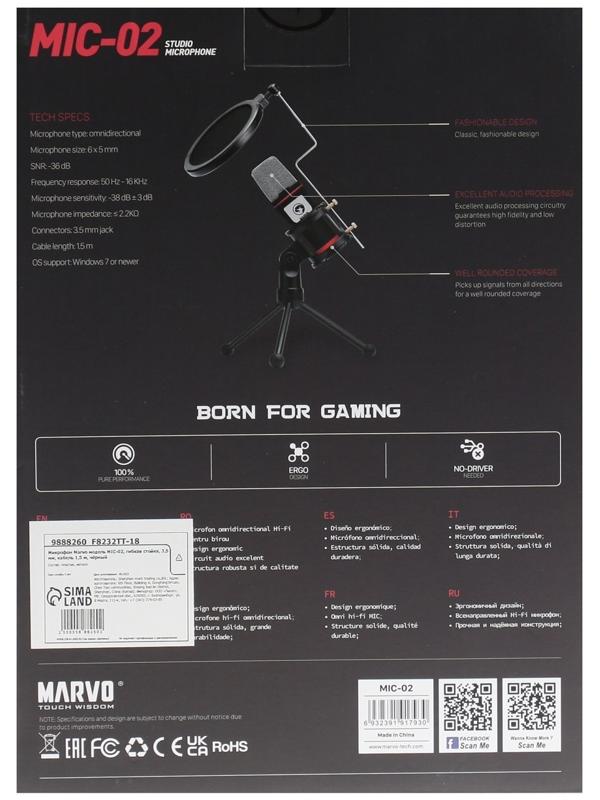 Микрофон Marvo MIC-02, гибкая стойка, 3,5 мм, кабель 1,5 м, чёрный