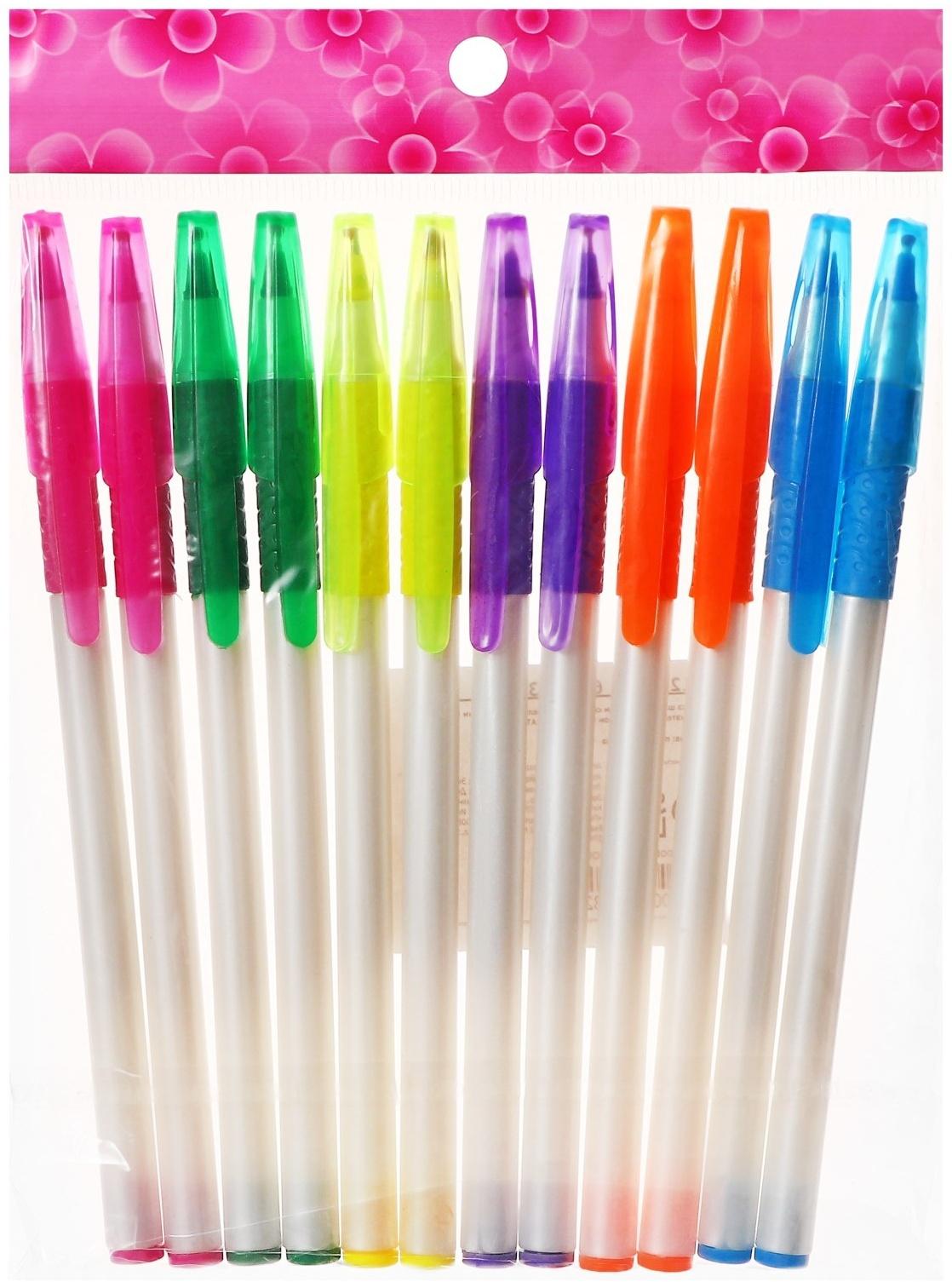 Набор 12 шт. Ручка шариковая 0,7мм синяя, корпус белый с резиновым держателем МИКС