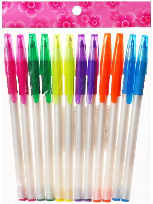 Набор 12 шт. Ручка шариковая 0,7мм синяя, корпус белый с резиновым держателем МИКС