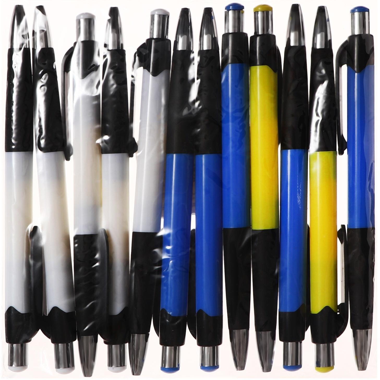 Набор 12 шт. Ручка шариковая автоматическая 0,5мм синяя, корпус МИКС с резиновым держателем