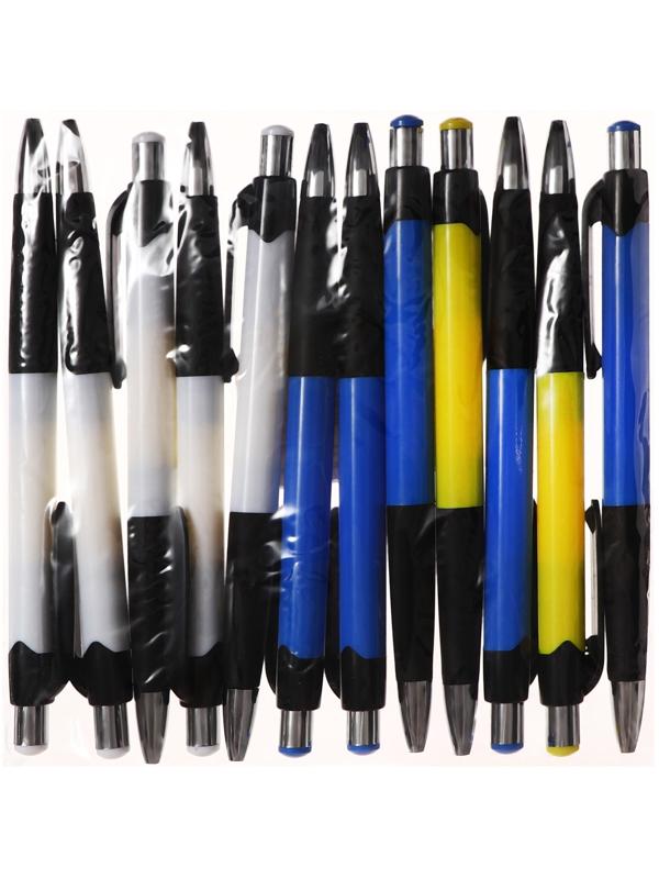 Набор 12 шт. Ручка шариковая автоматическая 0,5мм синяя, корпус МИКС с резиновым держателем
