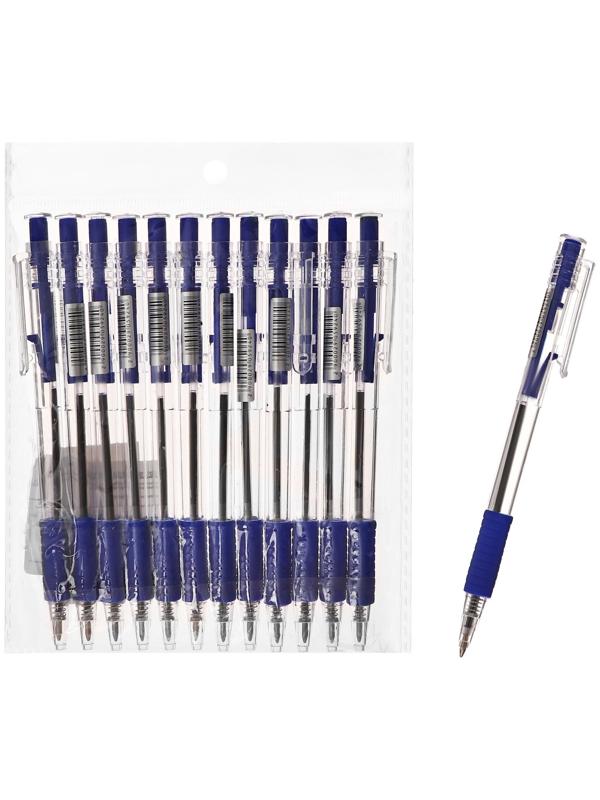 Набор 12 шт. Ручка шариковая автомат 0,7мм синяя, корпус прозр с резин держат (шк на штуке)
