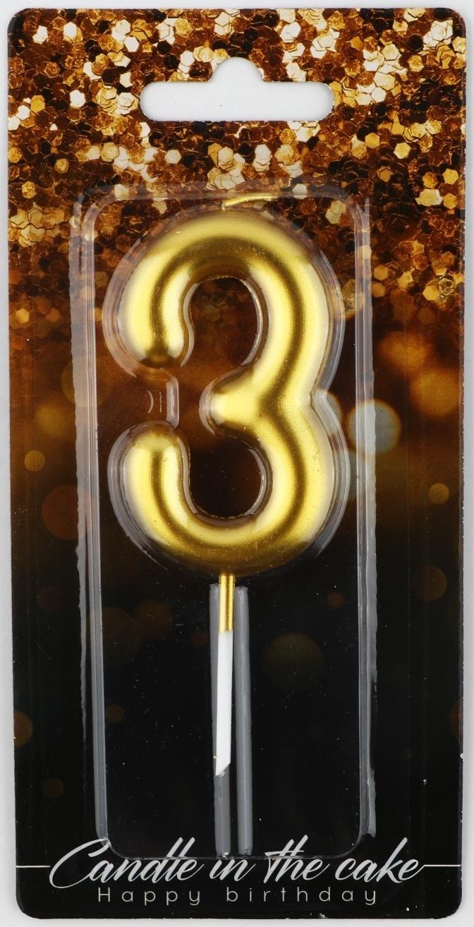 Свеча-цифра в торт «3», золото, 4 х 10 см
