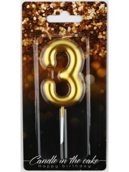 Свеча-цифра в торт «3», золото, 4 х 10 см
