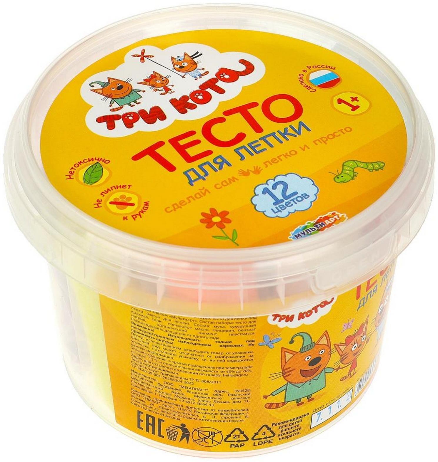 Тесто для лепки в ведре «Три Кота», 12 цв.