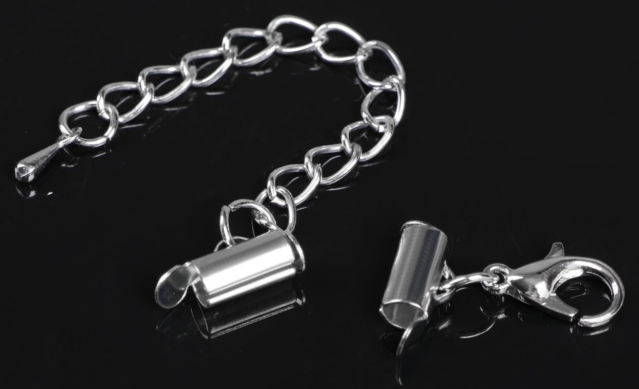 Концевик для браслета из бисера (пара) 10мм, с цепочкой удлинителем, цвет серебро