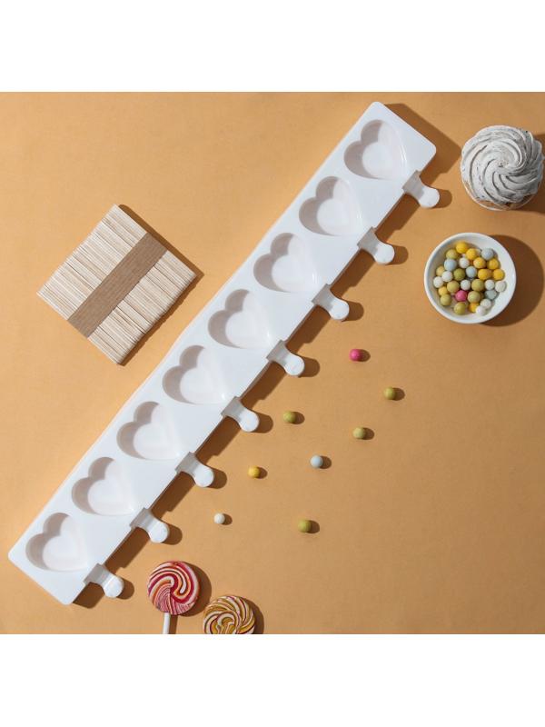 Силиконовая форма для мороженого Доляна «Сердца. Макси», 49×6,5×2 см, 8 ячеек, палочки 50 шт, цвет белый