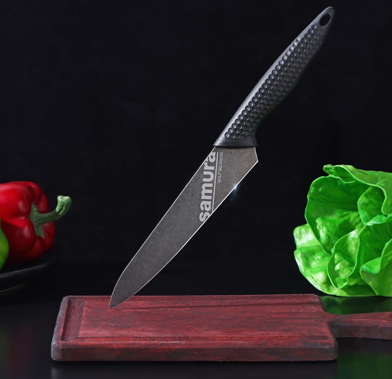 Нож кухонный Samura GOLF Stonewash, универсальный, лезвие 15,8 см, чёрная рукоять