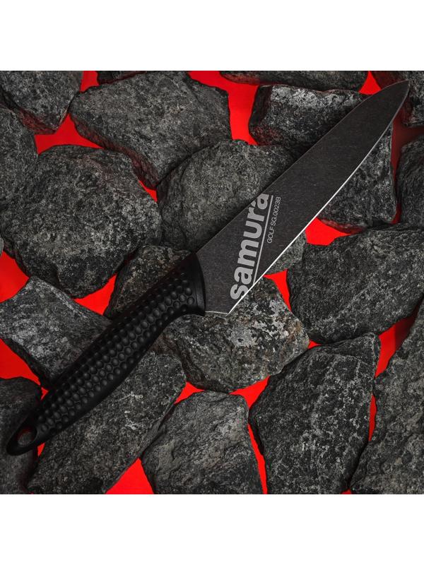 Нож кухонный Samura GOLF Stonewash, универсальный, лезвие 15,8 см, чёрная рукоять