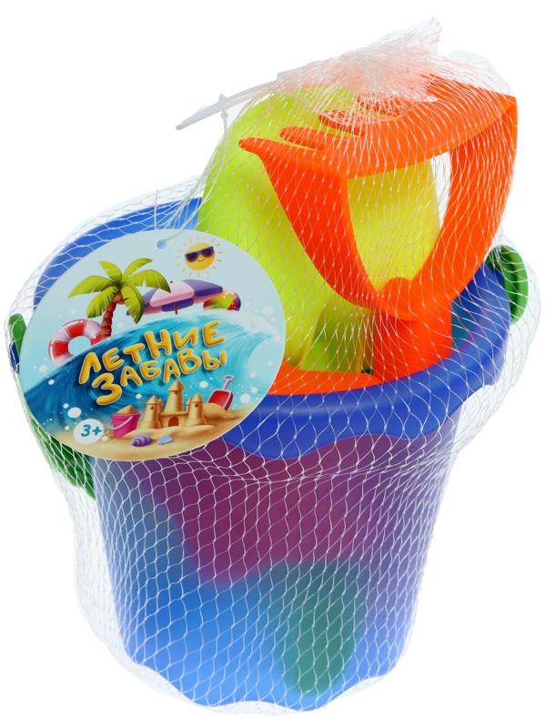 Песочный набор «Лето»: ведро, лопатка, грабли, формочка, в сетке