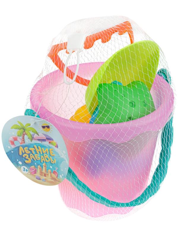 Песочный набор «Лето»: ведро, лопатка, грабли, формочка, в сетке