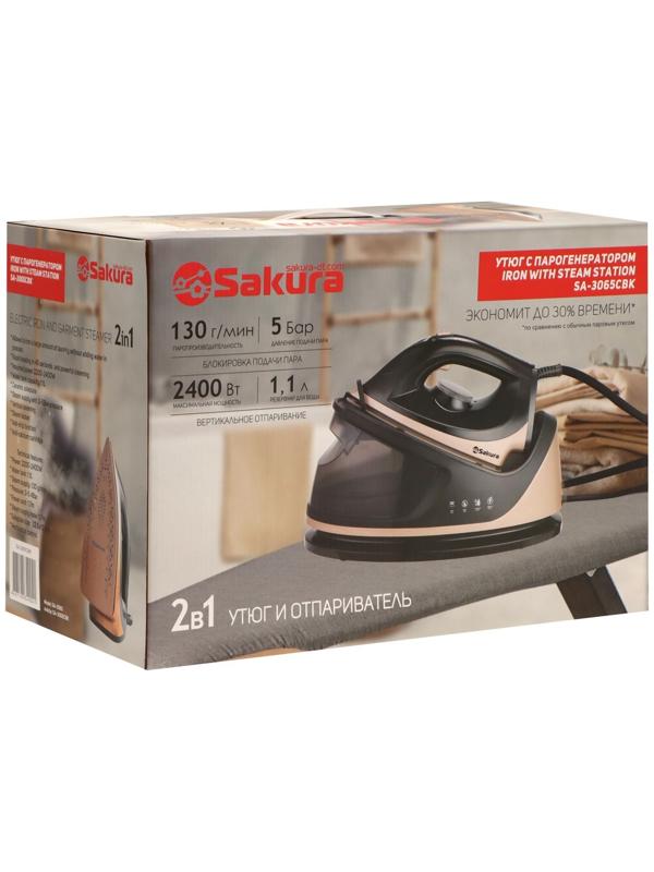 Парогенератор Sakura SA-3065CBK, 2400 Вт, керам. подошва, 1.1 л, 130г/мин, чёрно-золотой