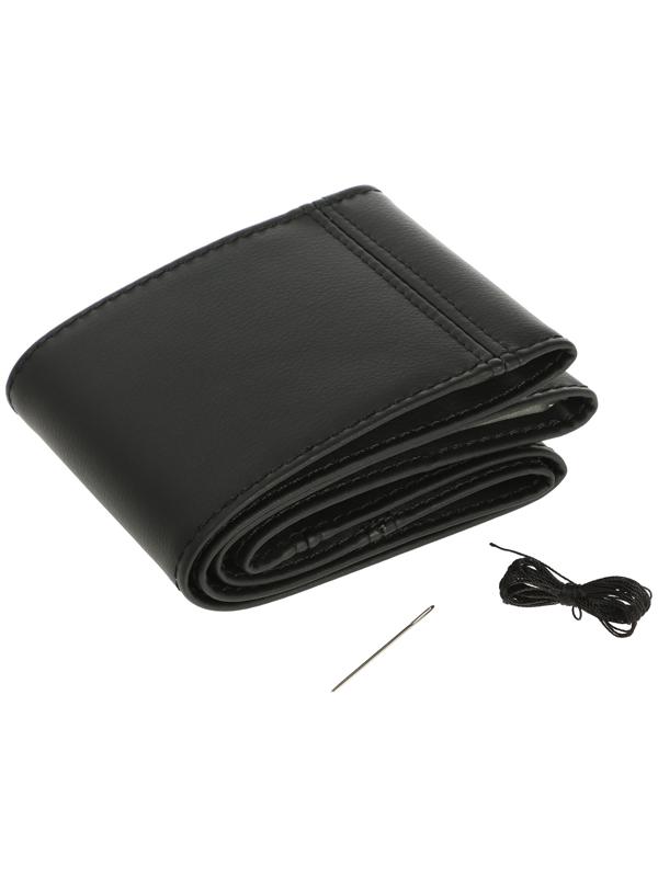 Оплетка на руль сшивная, экокожа, черная, нить, игла, размер S, 34-36 см