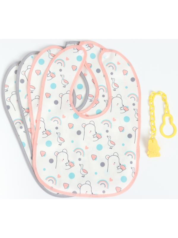 Набор: нагрудник детский 29х20, 4 шт. + подарок, Крошка Я (розовый и серый)