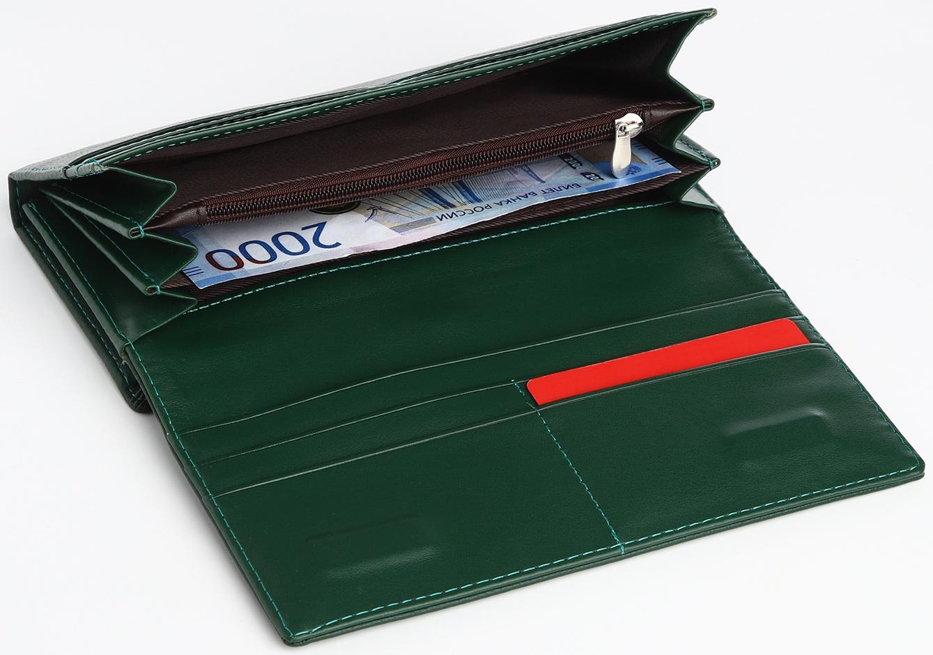 Кошелек жен 03-01-01, 18,5*4*9 см, 4 отд, отд/рамка, д/карт, д/монет, на магнитах, зеленый