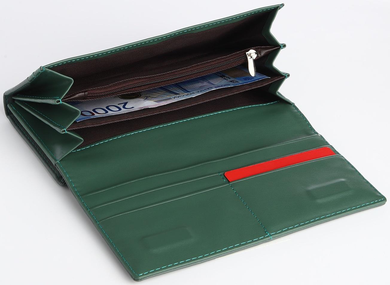Кошелек жен 03-01-01, 18,5*4*9 см, 4 отд, отд/рамка, д/карт, д/монет, на магнитах,  зеленый