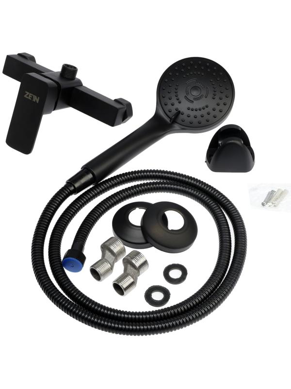 Смеситель для душа ZEIN Z3844, однорычажный, душевой набор, лейка 5 режимов, черный
