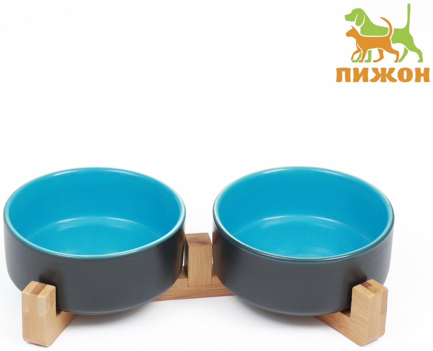 Миски керамические двойные на подставке 2 х 450 мл  28,5 х 15,5 х 7 см, серая/голубая