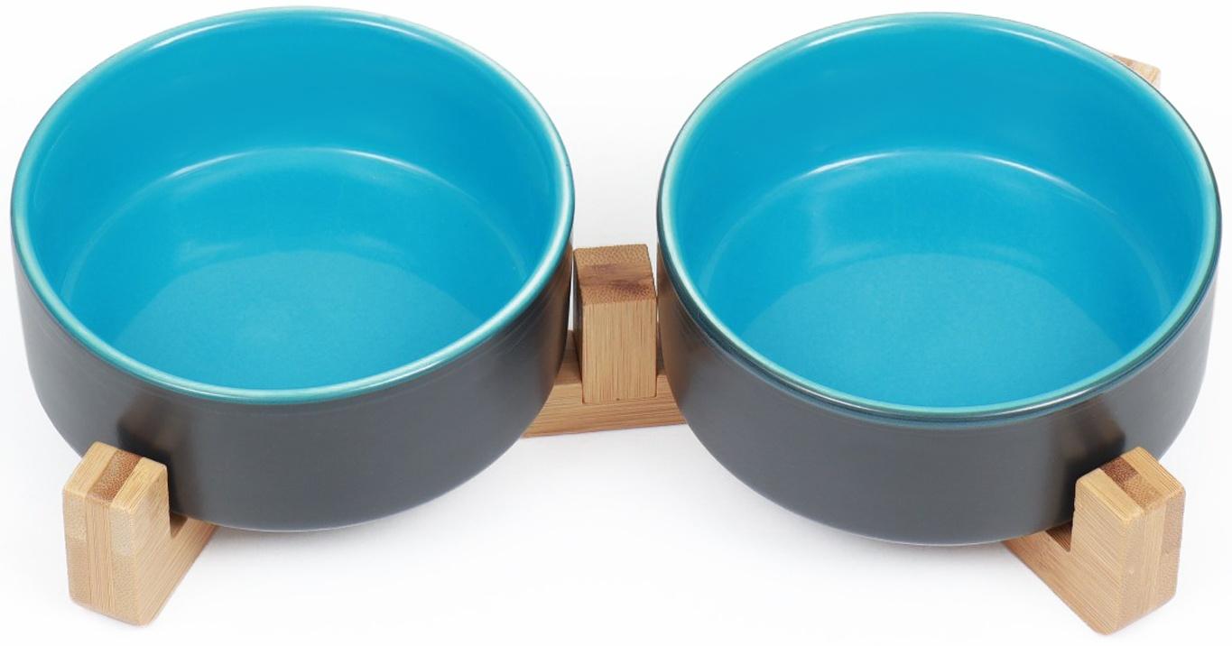 Миски керамические двойные на подставке 2 х 450 мл  28,5 х 15,5 х 7 см, серая/голубая