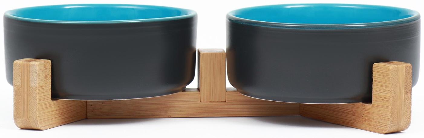 Миски керамические двойные на подставке 2 х 450 мл  28,5 х 15,5 х 7 см, серая/голубая