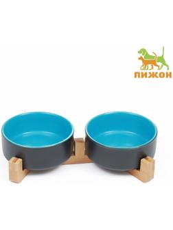 Миски керамические двойные на подставке 2 х 450 мл  28,5 х 15,5 х 7 см, серая/голубая