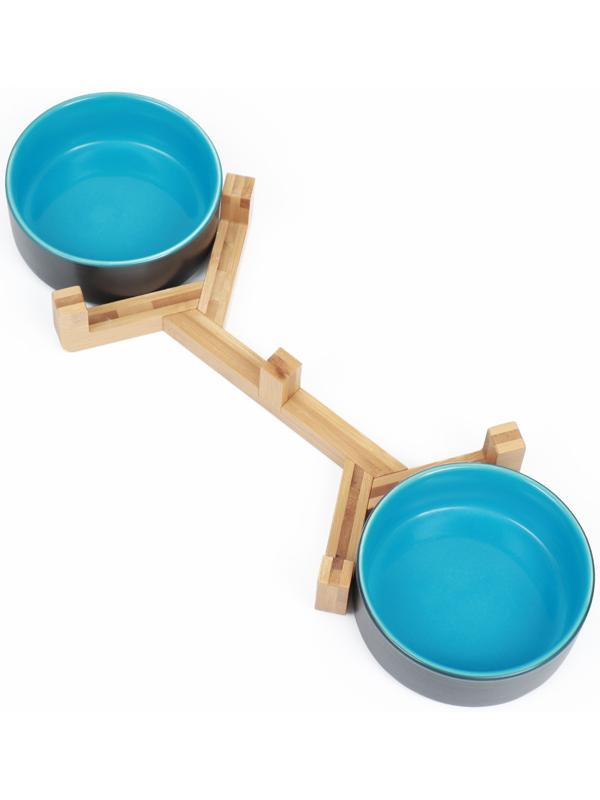 Миски керамические двойные на подставке 2 х 450 мл  28,5 х 15,5 х 7 см, серая/голубая