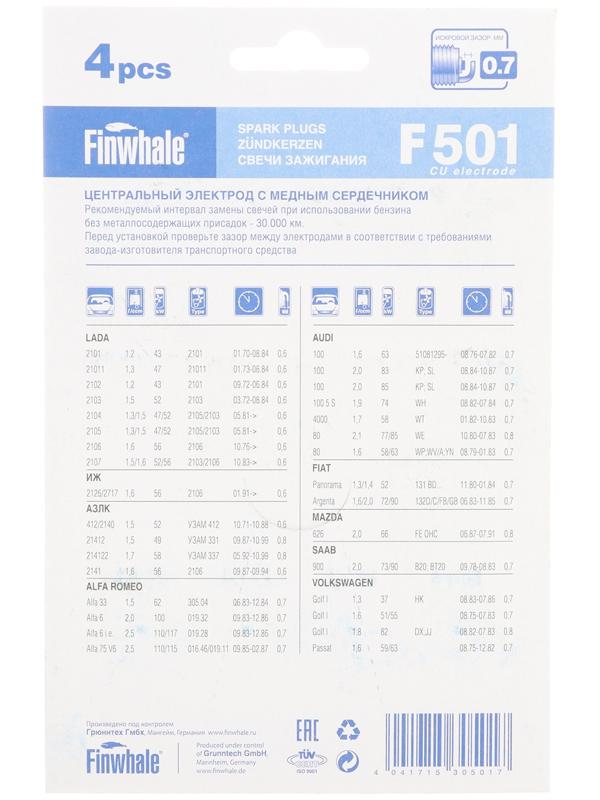 Свечи зажигания Finwhale F501 2101-07, набор 4 шт