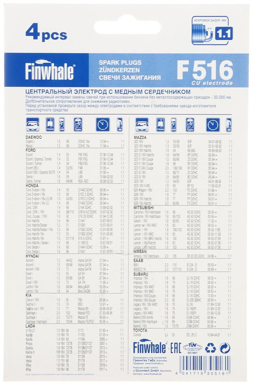 Свечи зажигания Finwhale F516 2110 16 кл. инжектор, набор 4 шт
