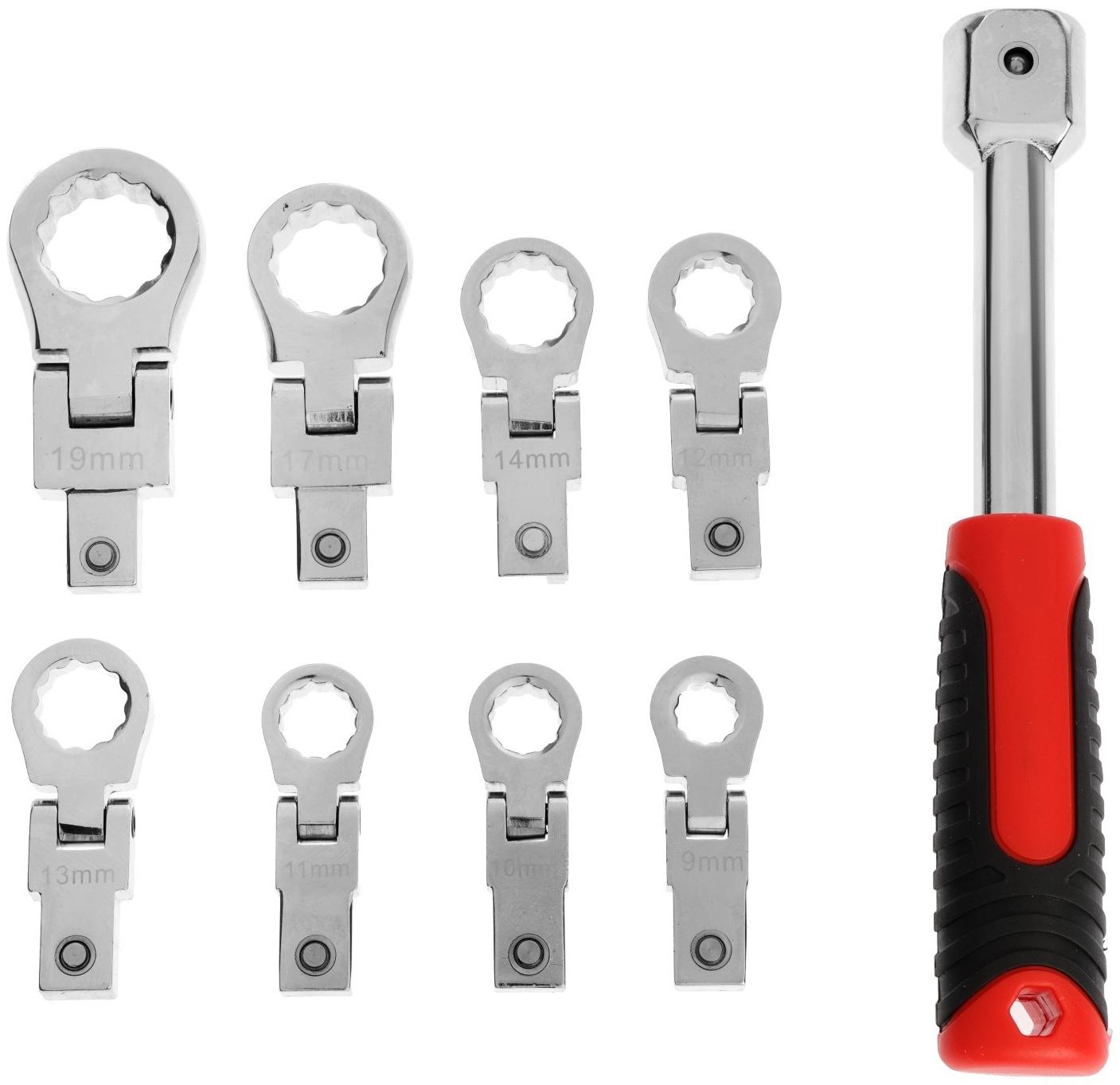 Набор накидных ключей ТУНДРА, CrV, сменные поворотные головки 9 - 19 мм, 9 шт.