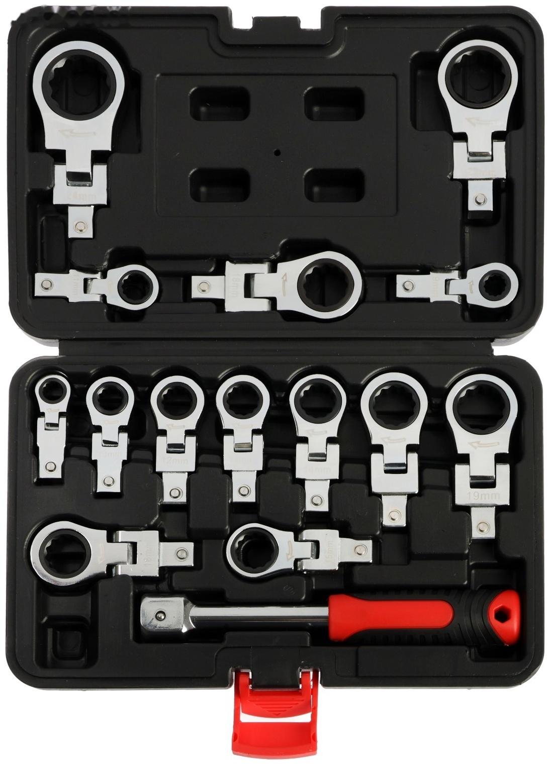 Набор трещоточных ключей ТУНДРА, CrV, сменные поворотные головки 8 - 24 мм, 72 зуба, 15 шт.   992569