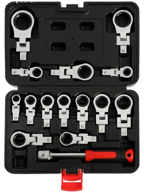 Набор трещоточных ключей ТУНДРА, CrV, сменные поворотные головки 8 - 24 мм, 72 зуба, 15 шт.   992569