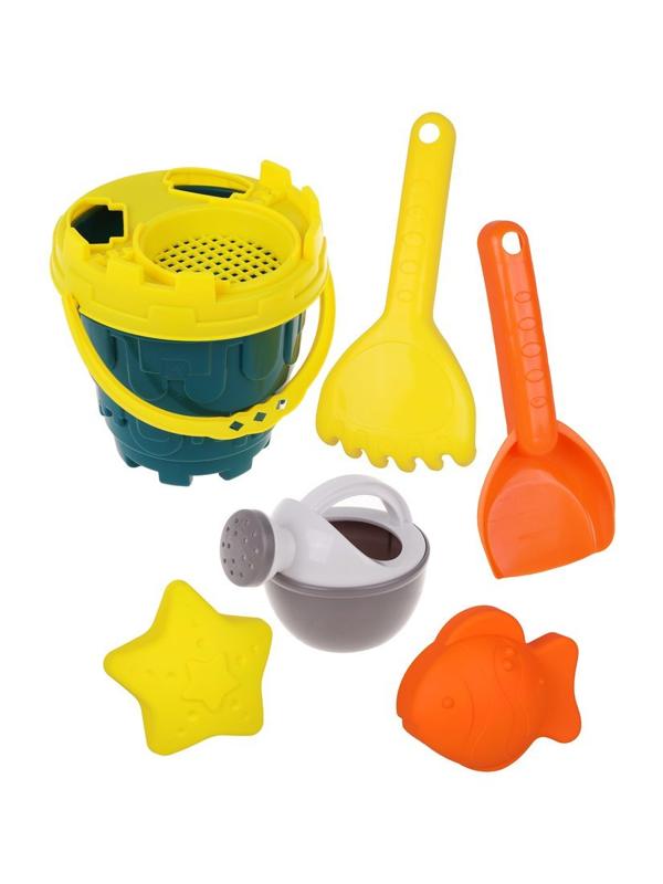 Игровой набор: Песочный набор, ведро 1 шт., сито 1 шт., лейка 1 шт., лопатка 1
шт., грабли 1 шт., 2 формочки, в ассорт. сетка