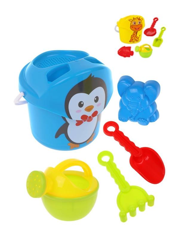 Песочный набор Зоопарк; ведерко с крышкой, лейка, лопатка, грабли и
формочка; сетка, в ассорт.